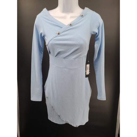 Bebe off-shoulder sheath dress Size XS Baby blue wedding guest love island theme - Picture 11 of 14